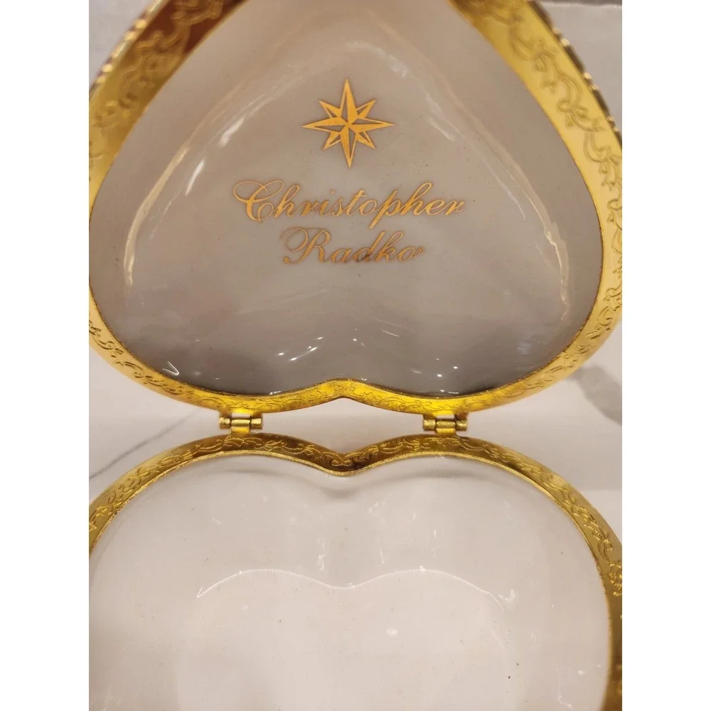 Vintage Christopher Radko Red Gold Glitter‎ Heart Hinged Trinket Box Jewelry Box